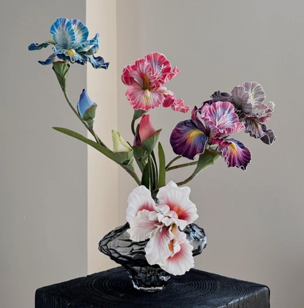 3pcs Blue Iris Flower Artificial PU Flower Heads with Stem, Real Touch