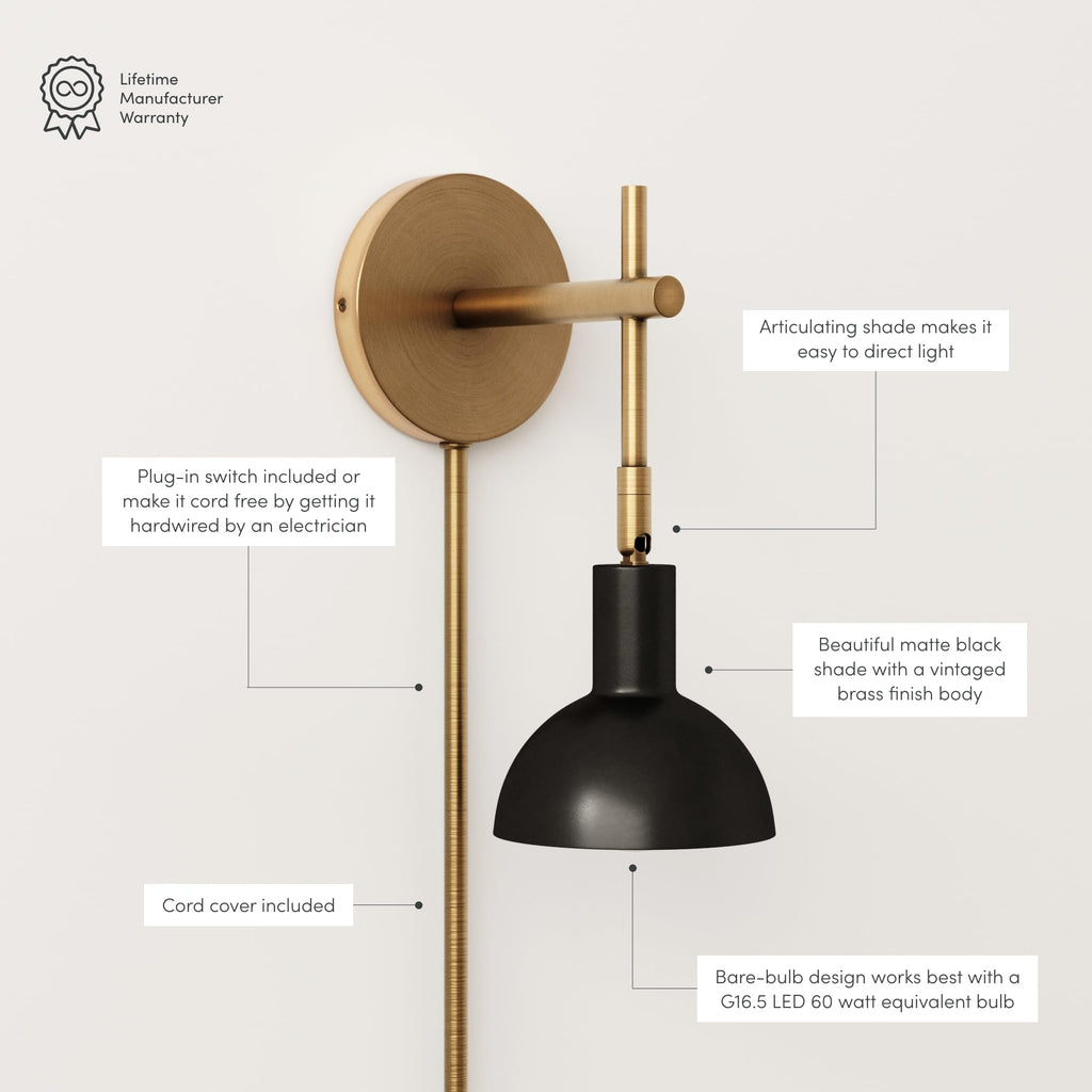 Tamlin Wall Light Fixture, Wall Mounted 1-Light Lamp, Plugin Sconce with On/Off Switch, Reading Nook or Bedroom