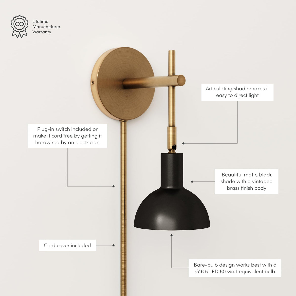 Tamlin Wall Light Fixture, Wall Mounted 1-Light Lamp, Plugin Sconce with On/Off Switch, Reading Nook or Bedroom