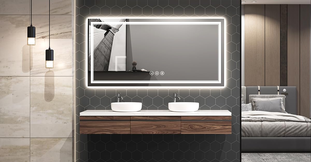 55x30 Inch Lighted Bathroom Mirror for Wall, Tempered Glass Smart Led Bathroom Mirror with Anti-Fog, Stepless