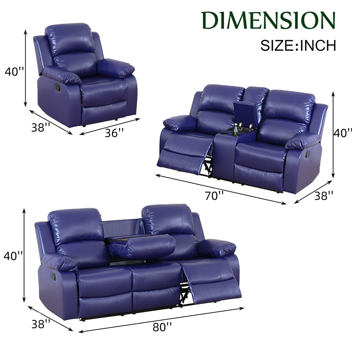 Leather Recliner Sofa Set, Leather Reclining Couch Furniture Sets, Purple Recliner Couch with 5 Recliners