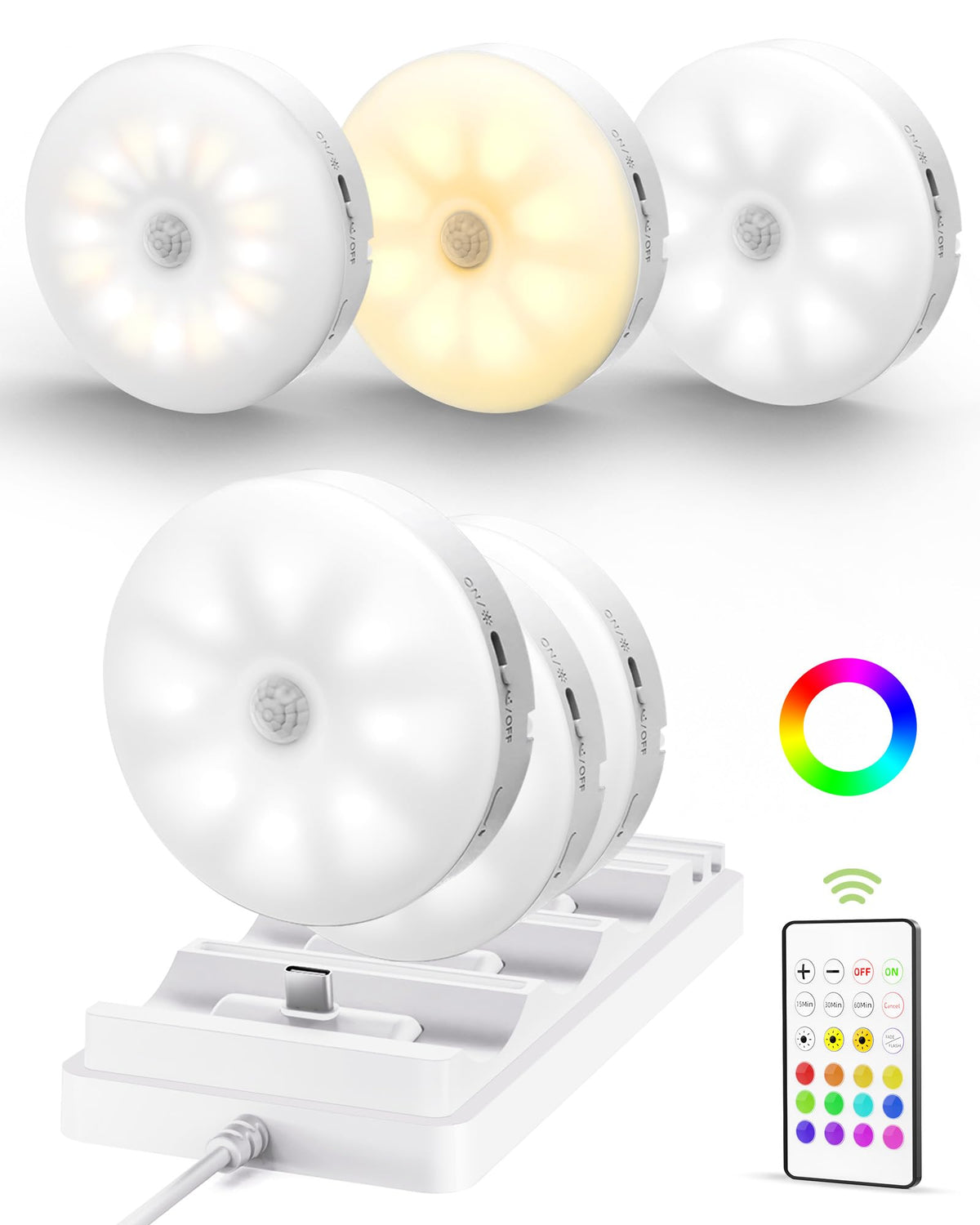 RGB Puck Lights with Charging Station, Motion Sensor Cabinet Lights