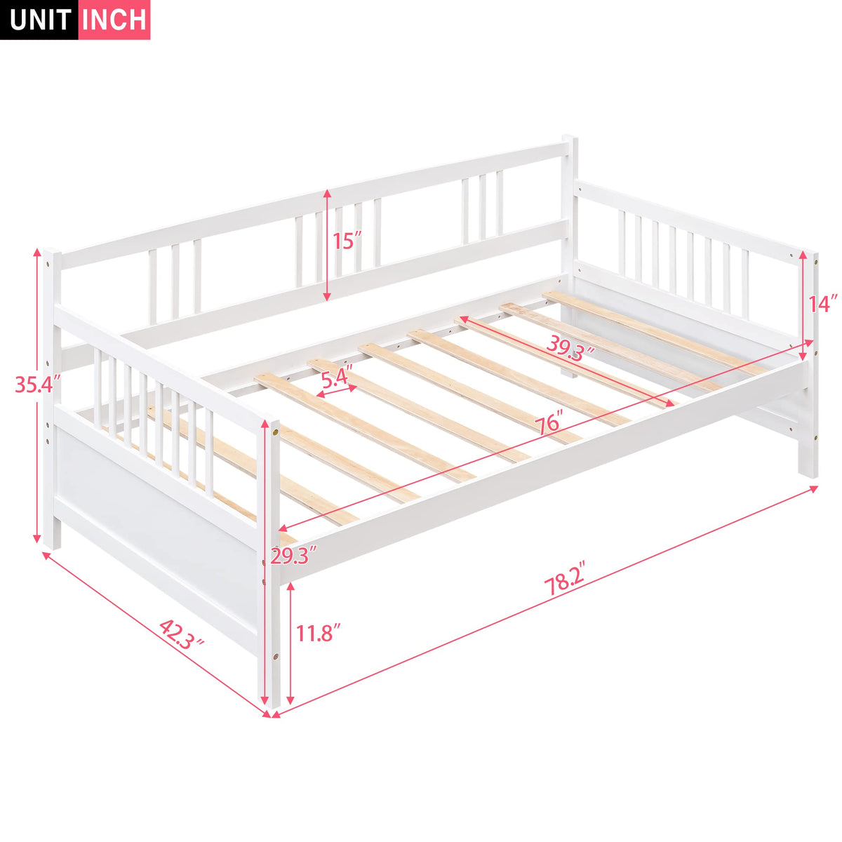 Daybed Twin Bed Wooden Slats Support Modern Living Daybed with Rails, Twin Size, Ivory White