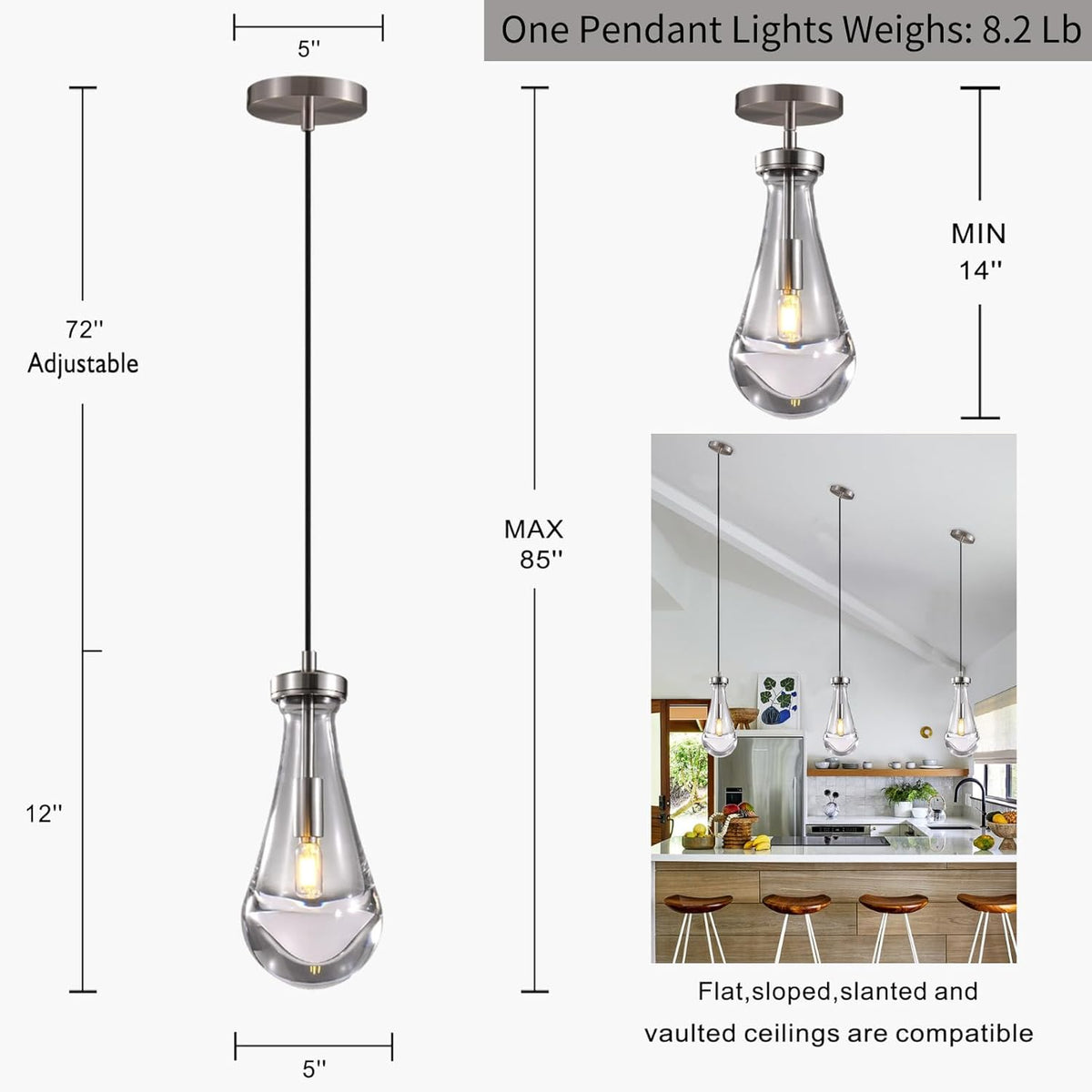 Raindrop Pendant Lights Kitchen Island Teardrop Nickel Hanging Light Fixtures Clear Solid Glass Pendant Light Modern Chandeliers for Dining Room Porch Corridor Living Room(2-Pack)