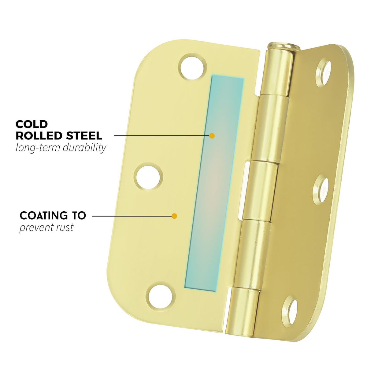 3.5 Inch 6 Pack Gold Door Hinges with 5/8" Radius Corners