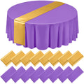 16 Pcs Purple and Gold Round Tablecloth and Satin Runner Set