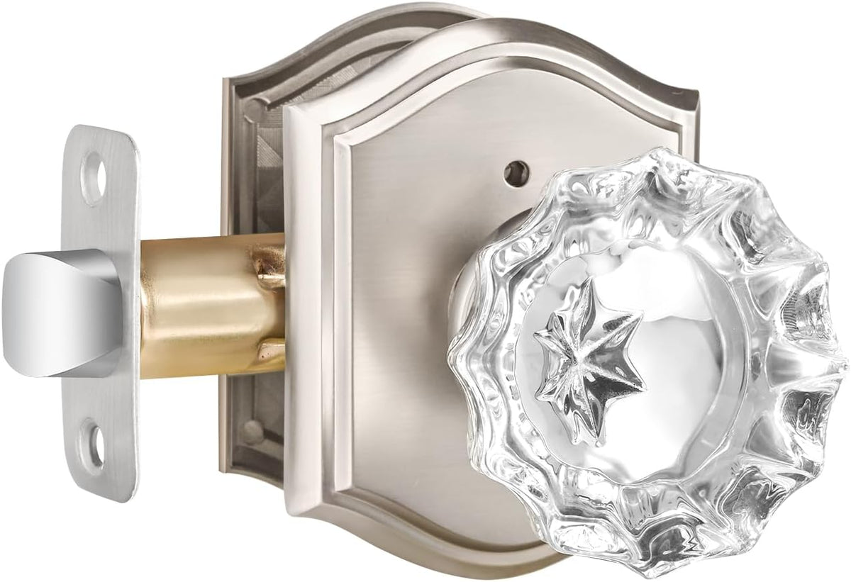 Glass Crystal Door Knob Interior with Lock, Privacy Brushed Nickel Door Knob Bedroom, Satin Nickel