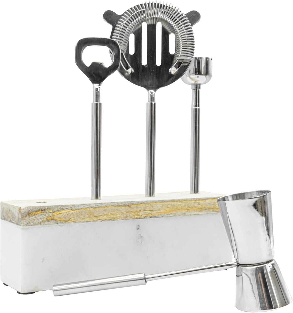 Mixology Bartender Kit | Bar Tool Set with Wood Base and Stainless Steel Frame | Perfect Home Bartending Kit for - Set of 4