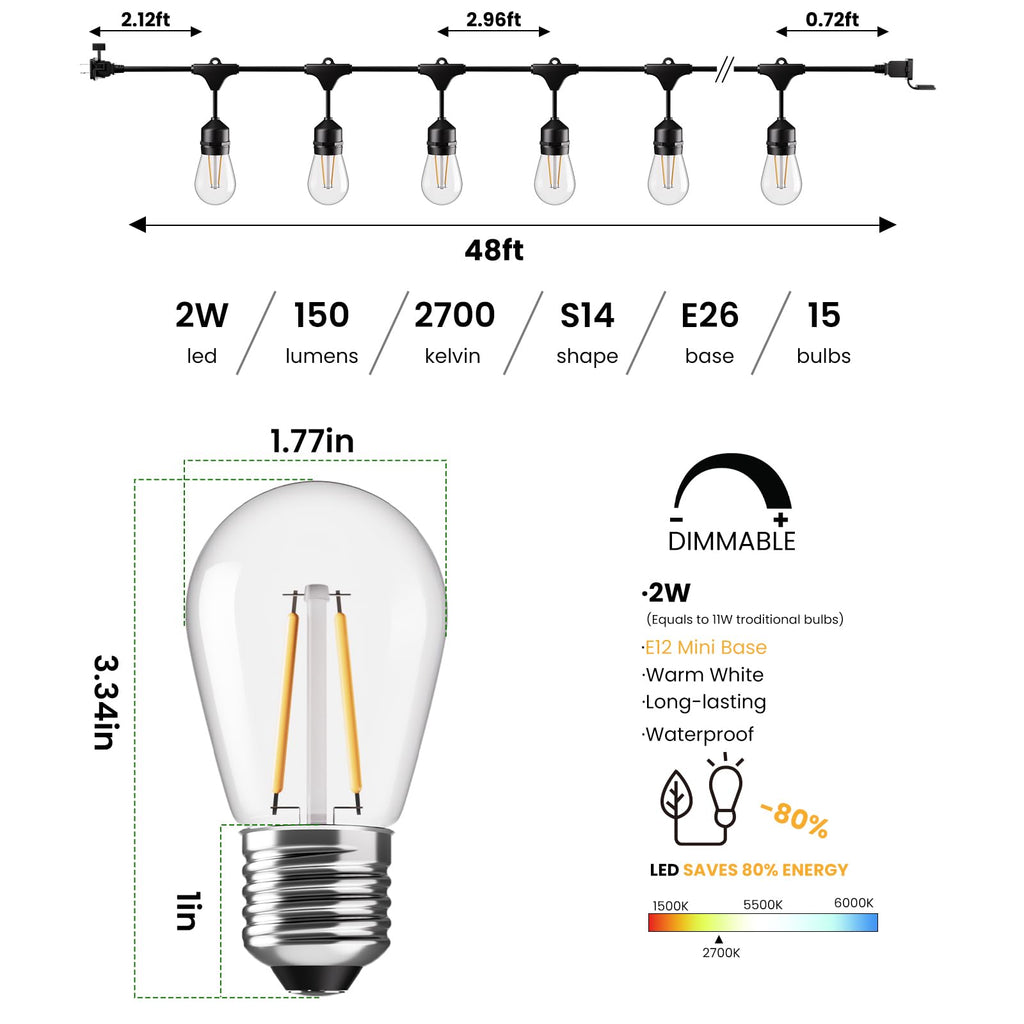 96 FT Outdoor String Lights 2W, Patio Light for Outside Waterproof