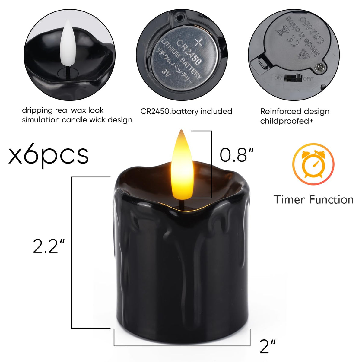 2"x 2" Black 6 Hour Timer Flameless Votive Candles, 6 Pack