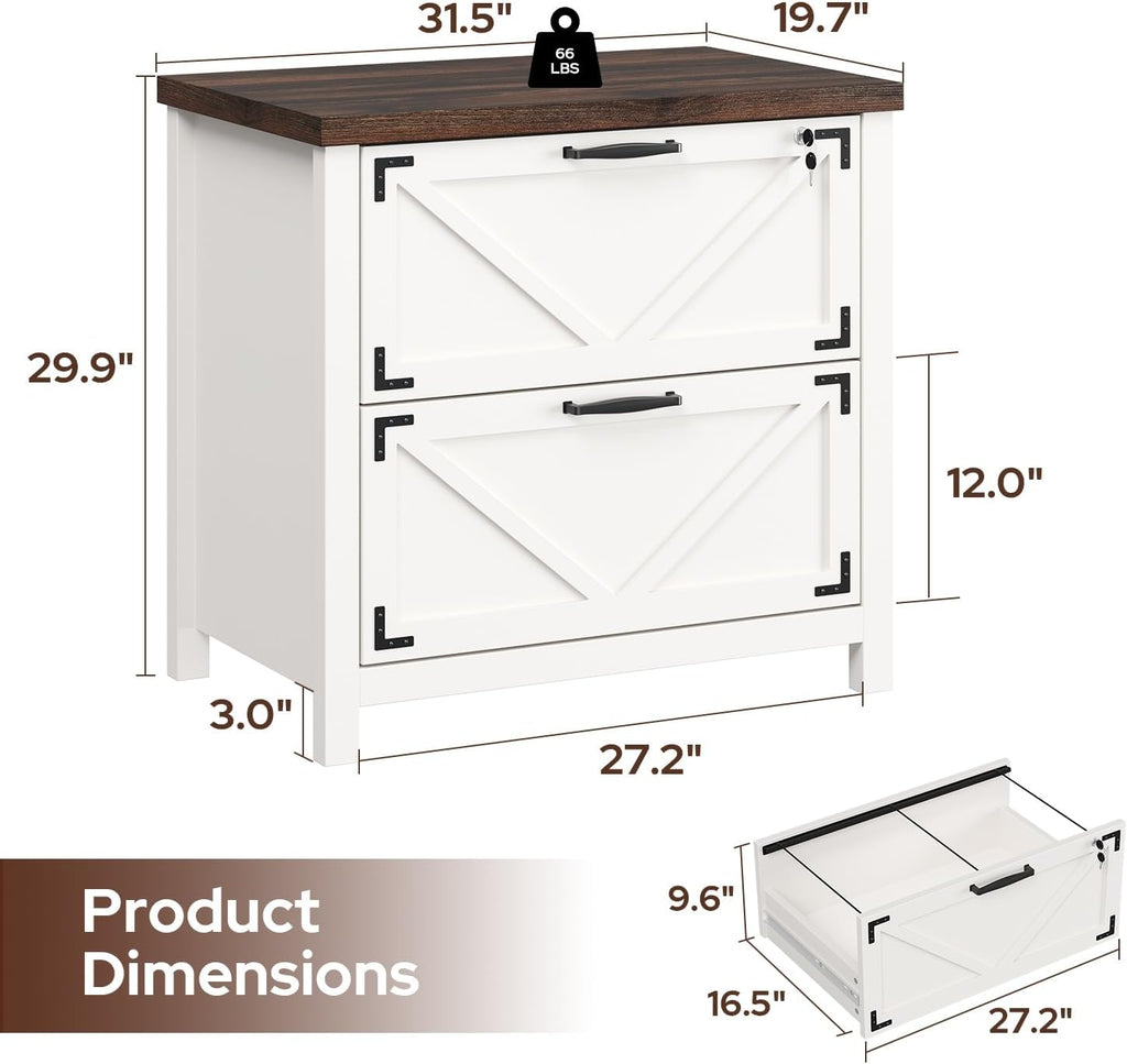 2 Drawer File Cabinet with Lock, Wood Filing Cabinets Storage Cabinet for Hanging Files Letter/Legal/F4/A4 Size, White