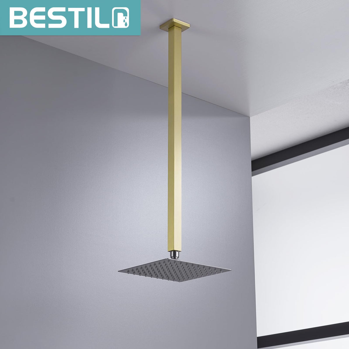 24 Inch Brushed Gold Ceiling Mount Shower Arm and Flange, Square Rain Shower Arm