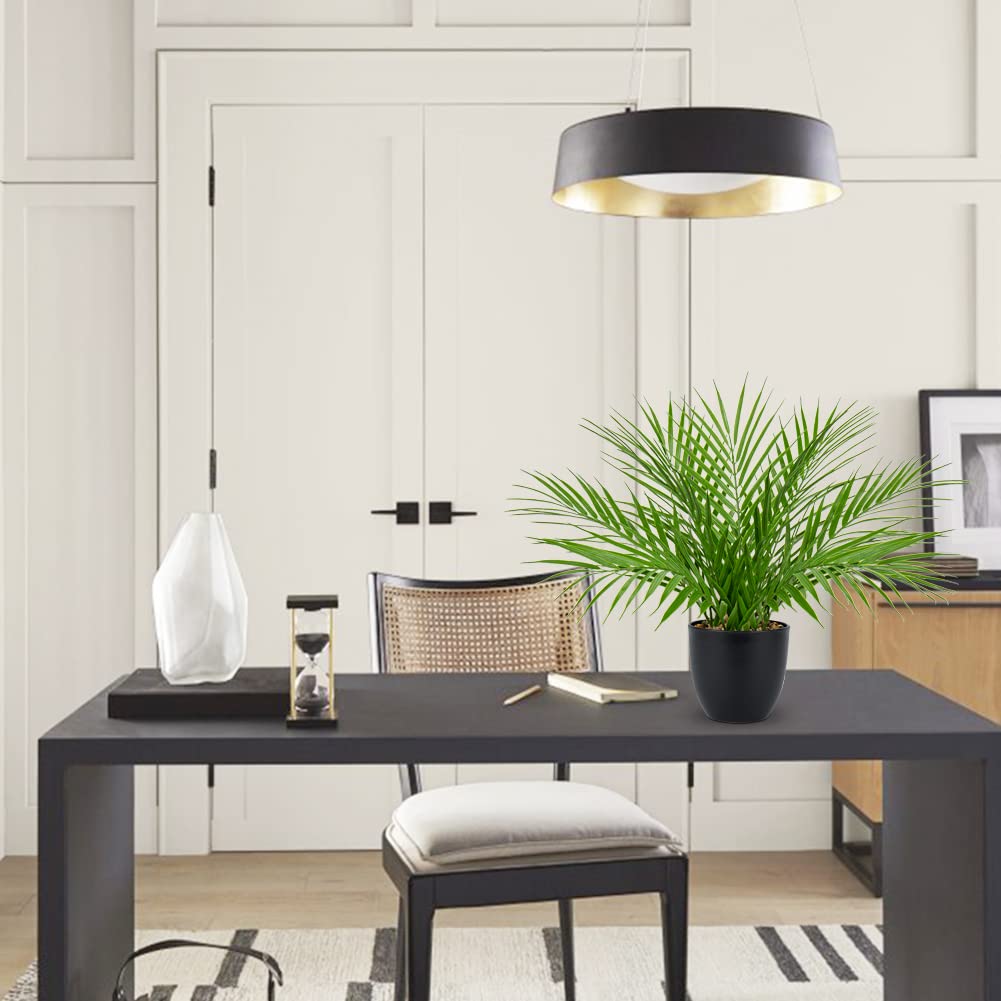 Fake Plant 15'' Artificial Palm Plant in Matte Black Pot Realistic Faux Tropical Palm Tree Houseplant Indoor Living