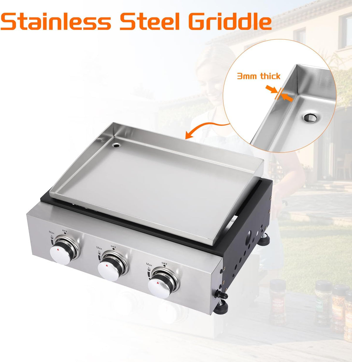 3-Burner Portable Tabletop Propane Gas Griddle, Stainless Steel Cooking Surface with Protective Cover and Regulator for Camping, Tailgating, and Outdoor Cooking