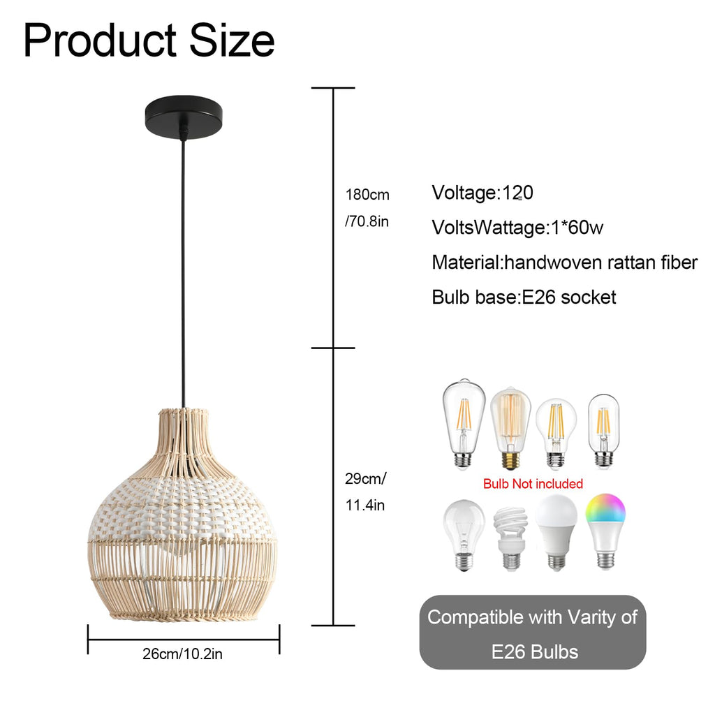1-Pack Rattan Pendant Light, Mini White Rattan Chandelier