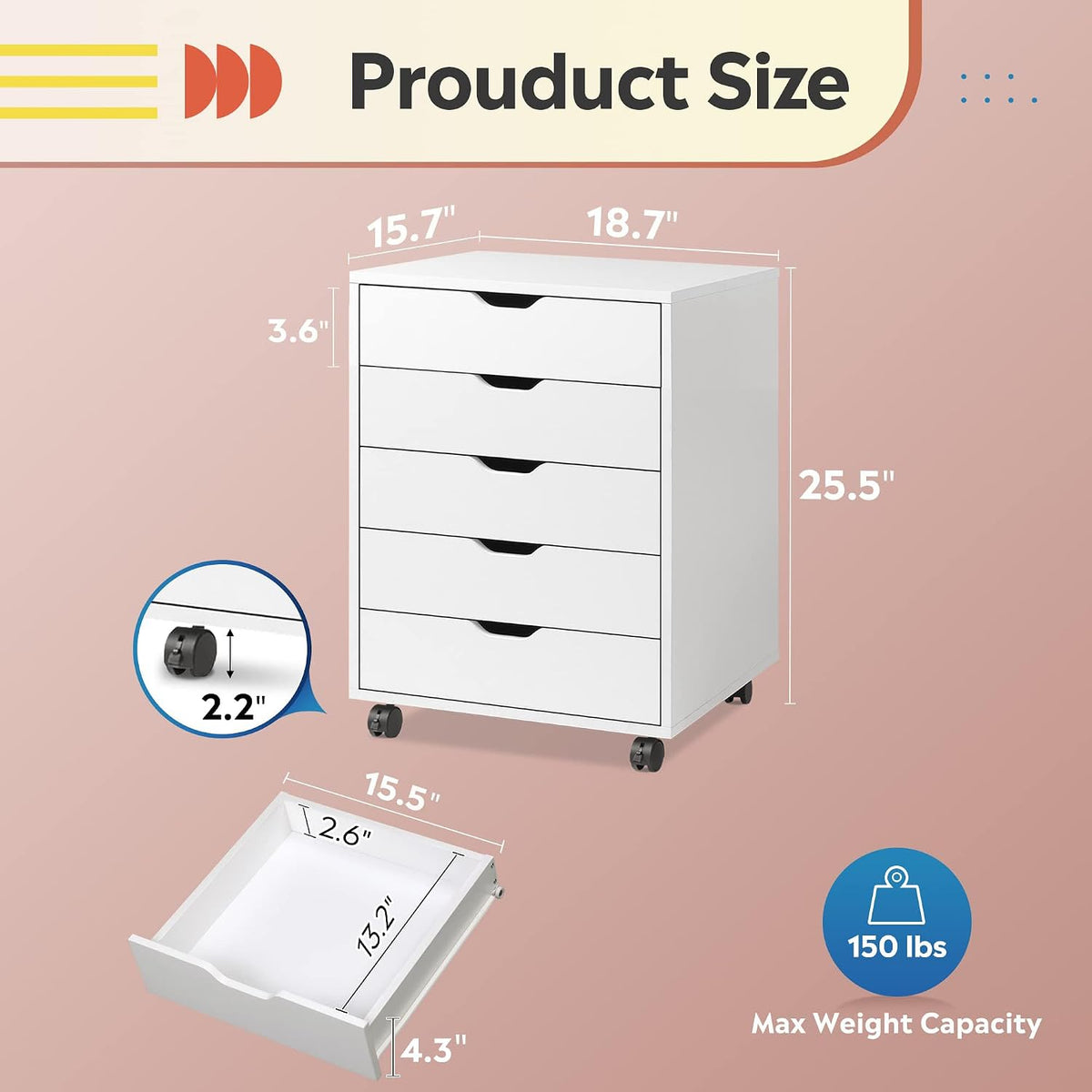 5-Drawer Filing Cabinet Under Desk, Storage file Cabinet, White | Wood Drawer Unit, Craft Storage Cabinet, Office
