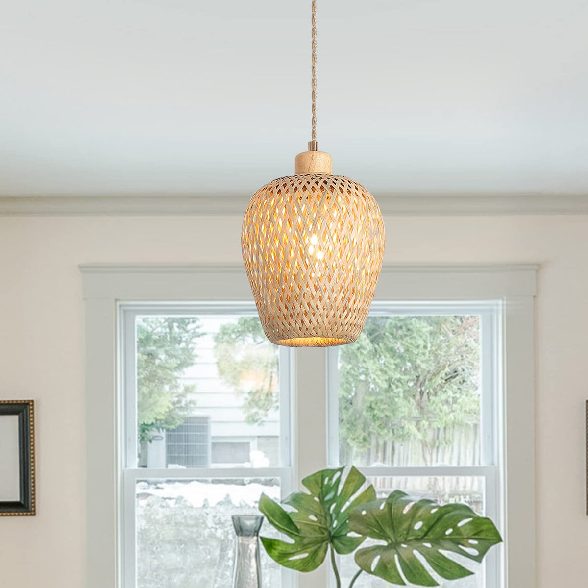 Bamboo Pendant Light Fixture One-Light Adjustable Boho Basket Handmade Woven Mini Pendant Lighting Island Sink