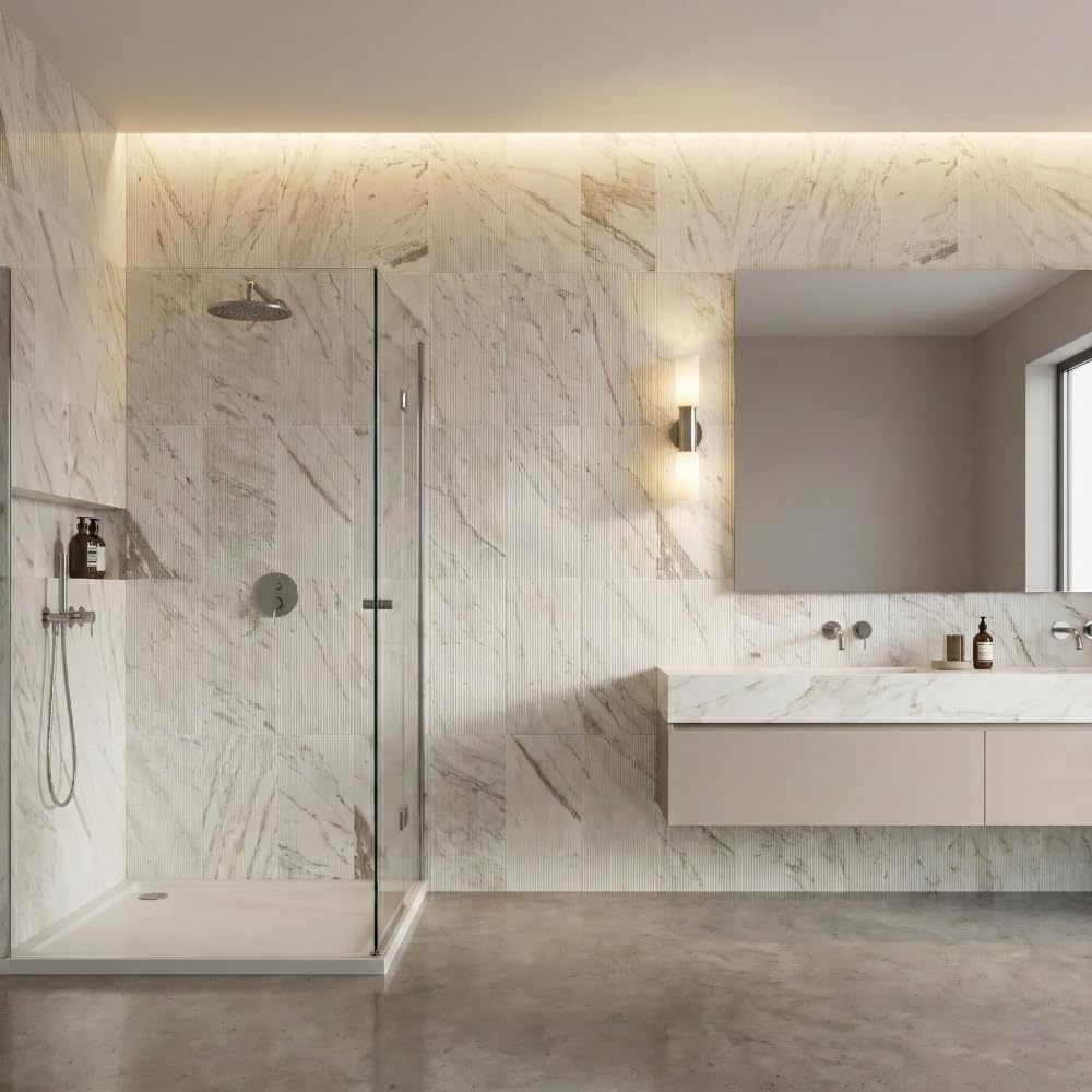 3D Fluted White Marble Wall Tiles, 12 x 24 Inch, 4 Pieces, OL Finish