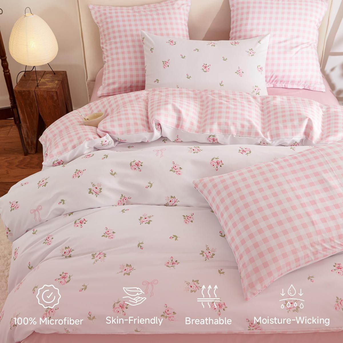 Floral Comforter Set, Pink Bedding Set with Gingham Pattern