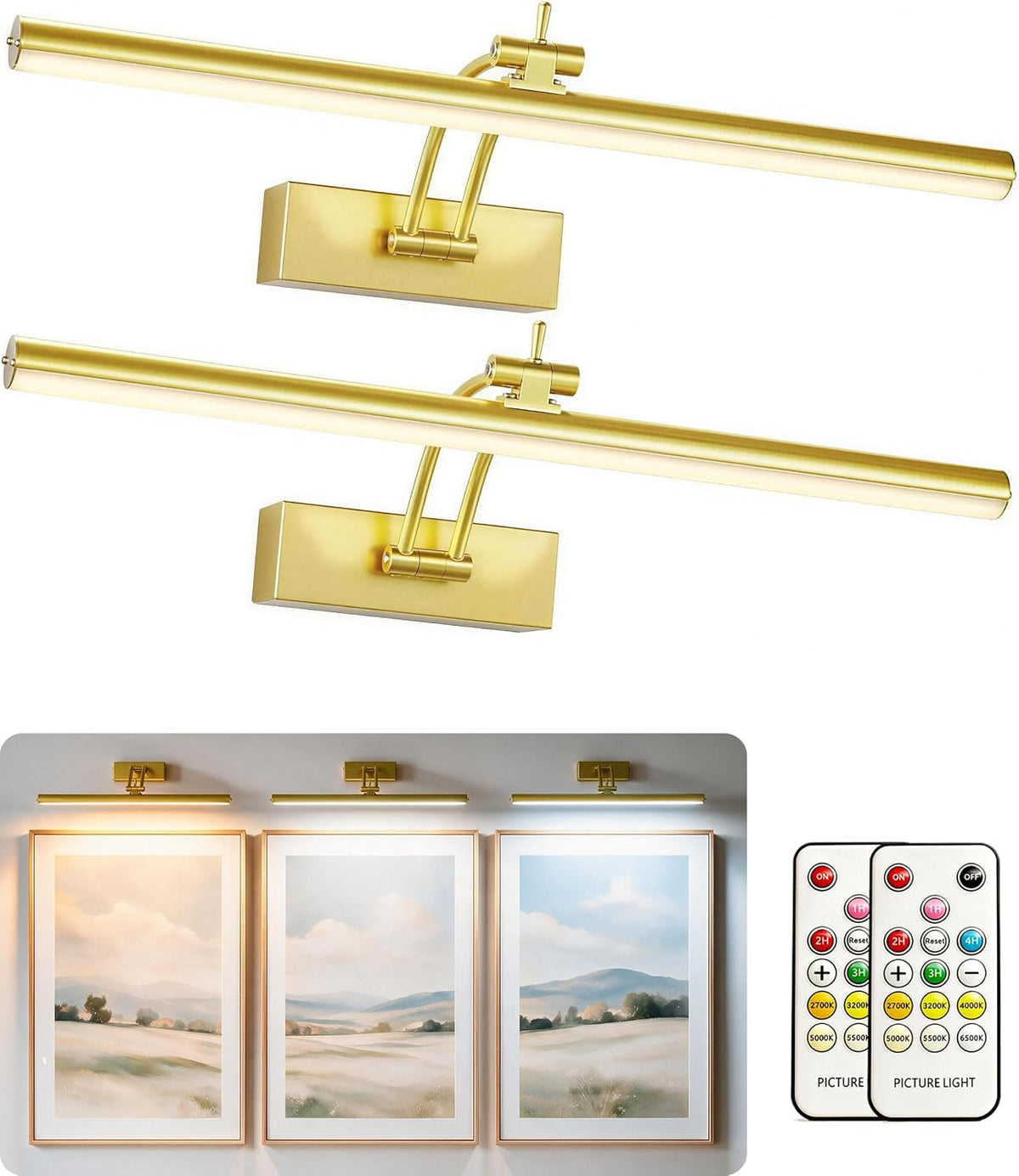 2 Pack Picture Light Battery Operated for Wall, 16" Wireless Art Lighting for Painting, 6 Colors Picture Frame Lights