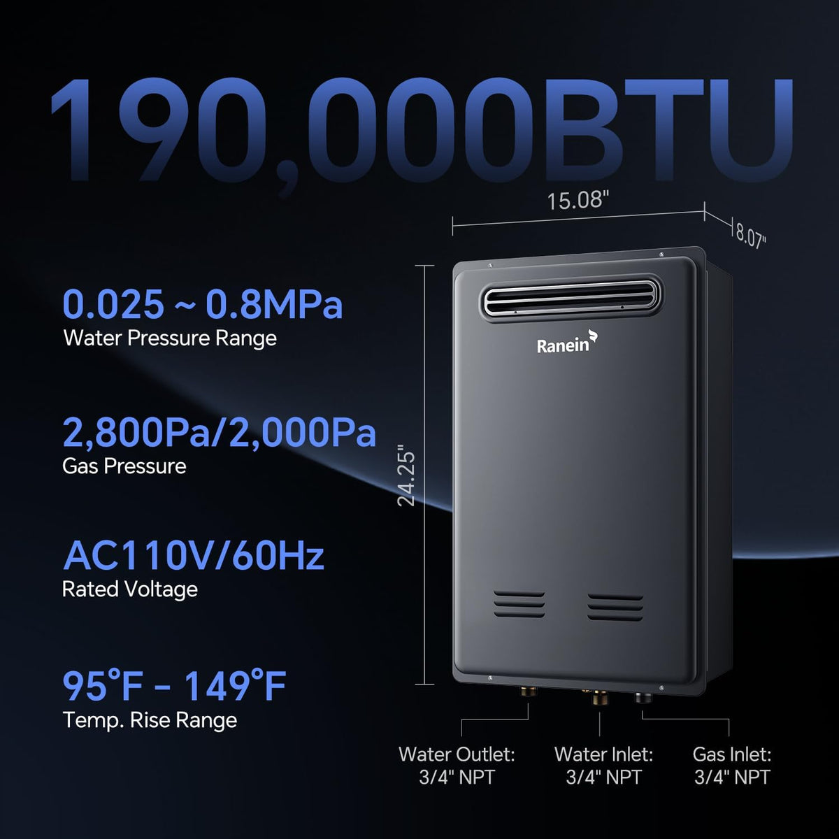 Propane Gas Tankless Water Heater, Outdoor Max 8.5 GPM, 190, 000 BTU Instant Hot Water Heater