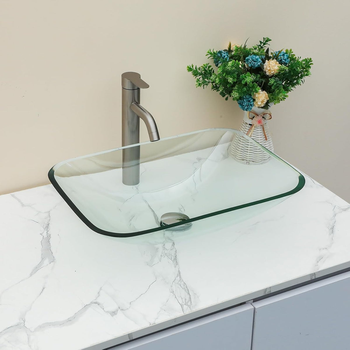 Bathroom Vessel Sink Tempered Glass Bowl Vessel Sink with Pop-up Drain Combo 20-1/4 x 14-1/2 Inch Transparent