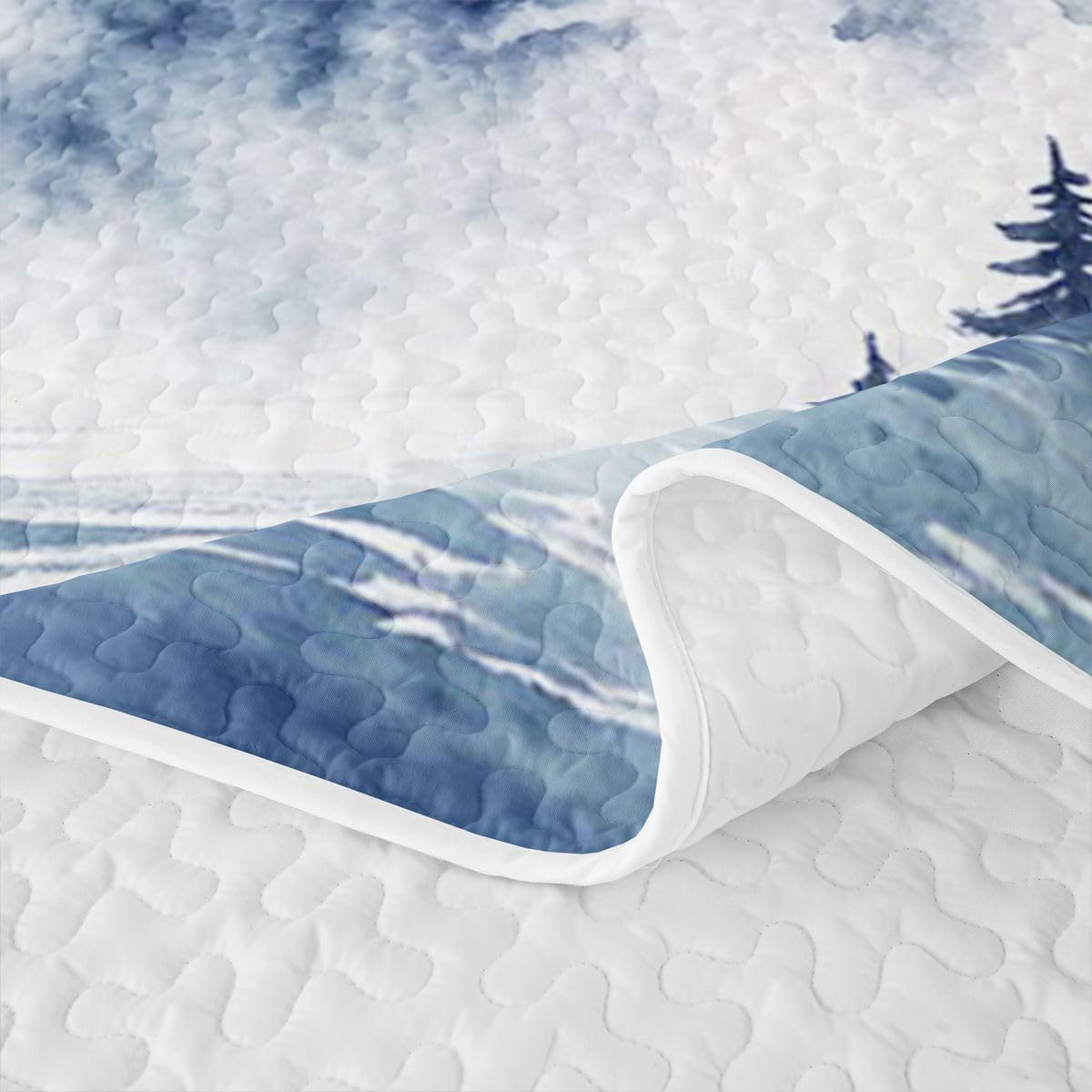 Navy Blue Ink Wash Mountain Waterfall Quilt Quilted Blanket - Rustic Woodland Pine Forest Cabin Lodge