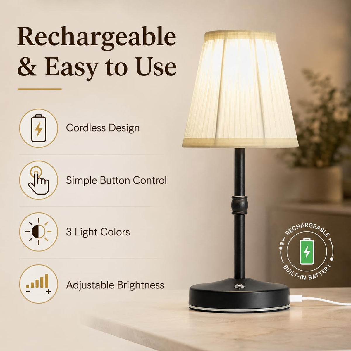 3000mah Battery Powered Lamp,Small Cordless Lamps Rechargeable,3 Color Temperature 5W LED Touch Lamp Battery