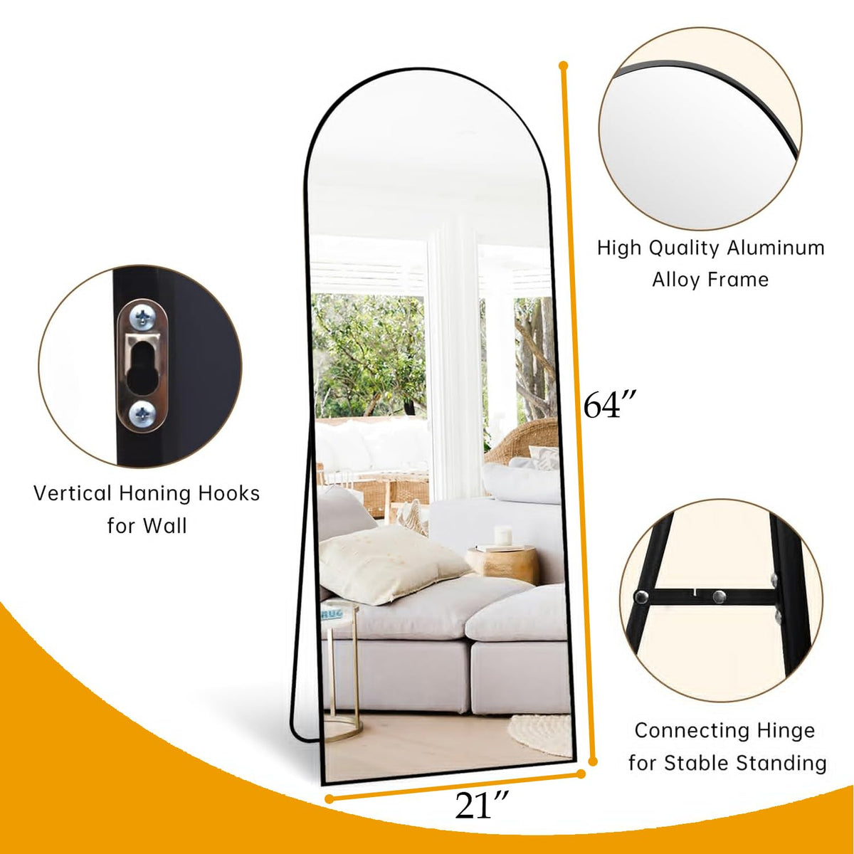 Mirror Full Length, 64"X21" Arched Floor Mirror, Black