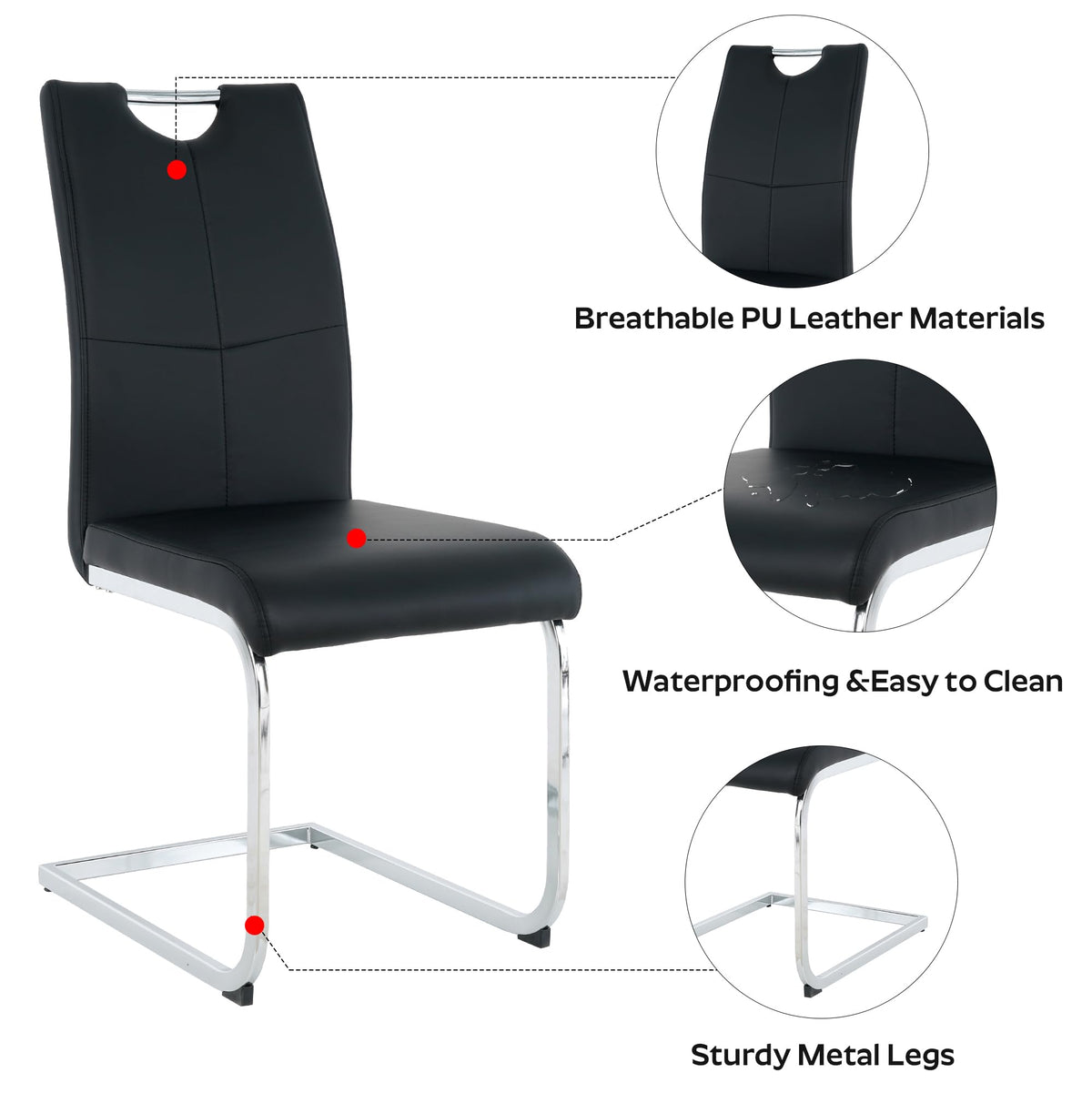 Modern Dining Chairs Set of 4 PU Faux Leather High Back Upholstered Chairs with Silver Metal Legs Dining Room, Black