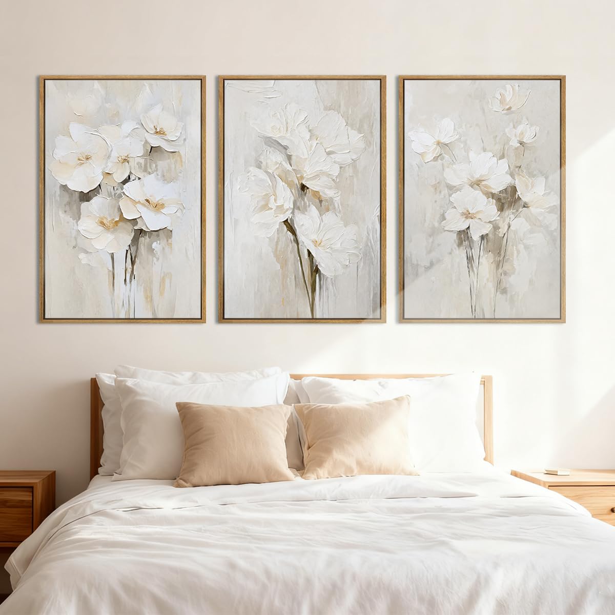 Extra Large Beige Floral Framed Wall Art 24x36 Inch Neutral White Flower Canvas Wall Art Farmhouse Wildflower
