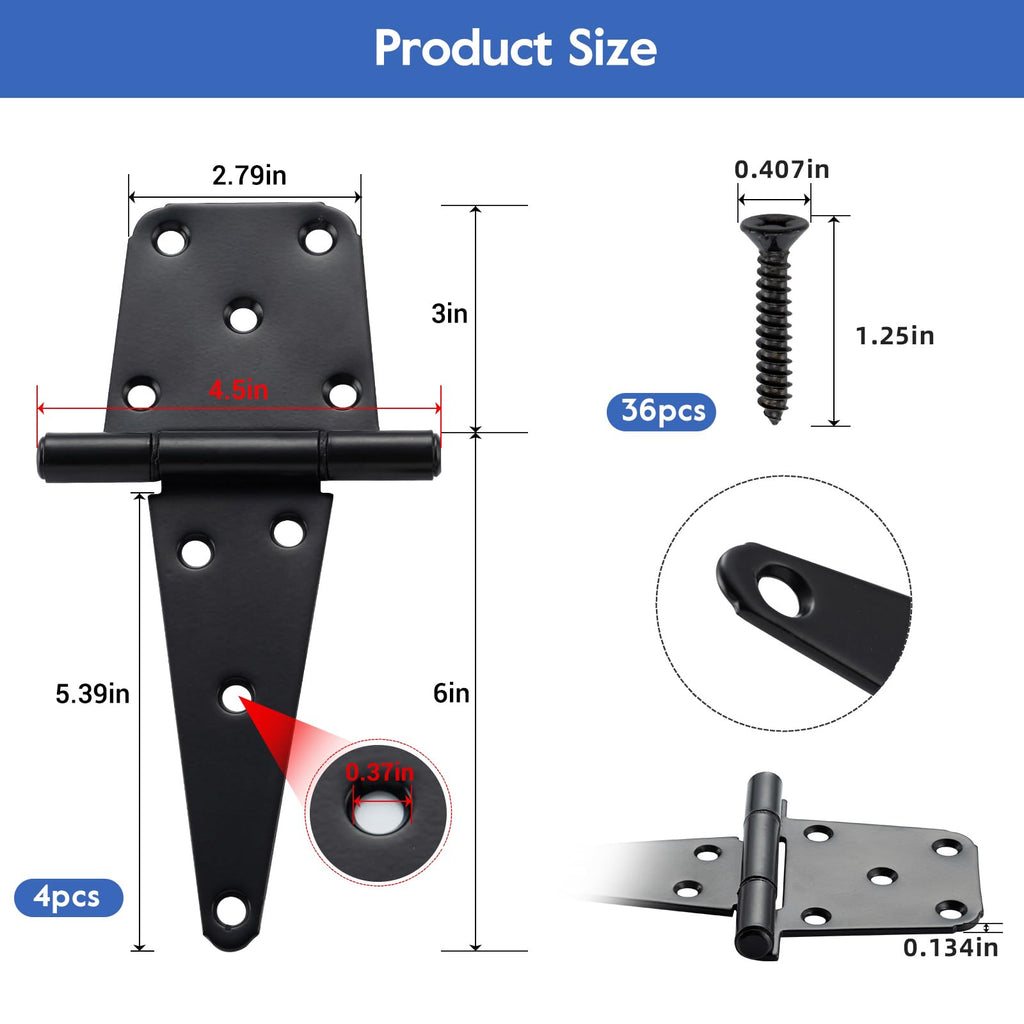 6" Heavy Duty Gate Hinges, 4 Pack T-Strap Hinge, Black