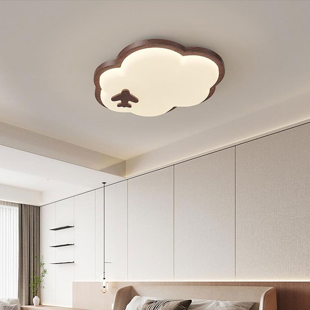 Nordic Walnut Color Cloud Kids Flush Mount Ceiling Light Fixture Modern Minimalist Bedroom Wood Close to Ceiling Lamp