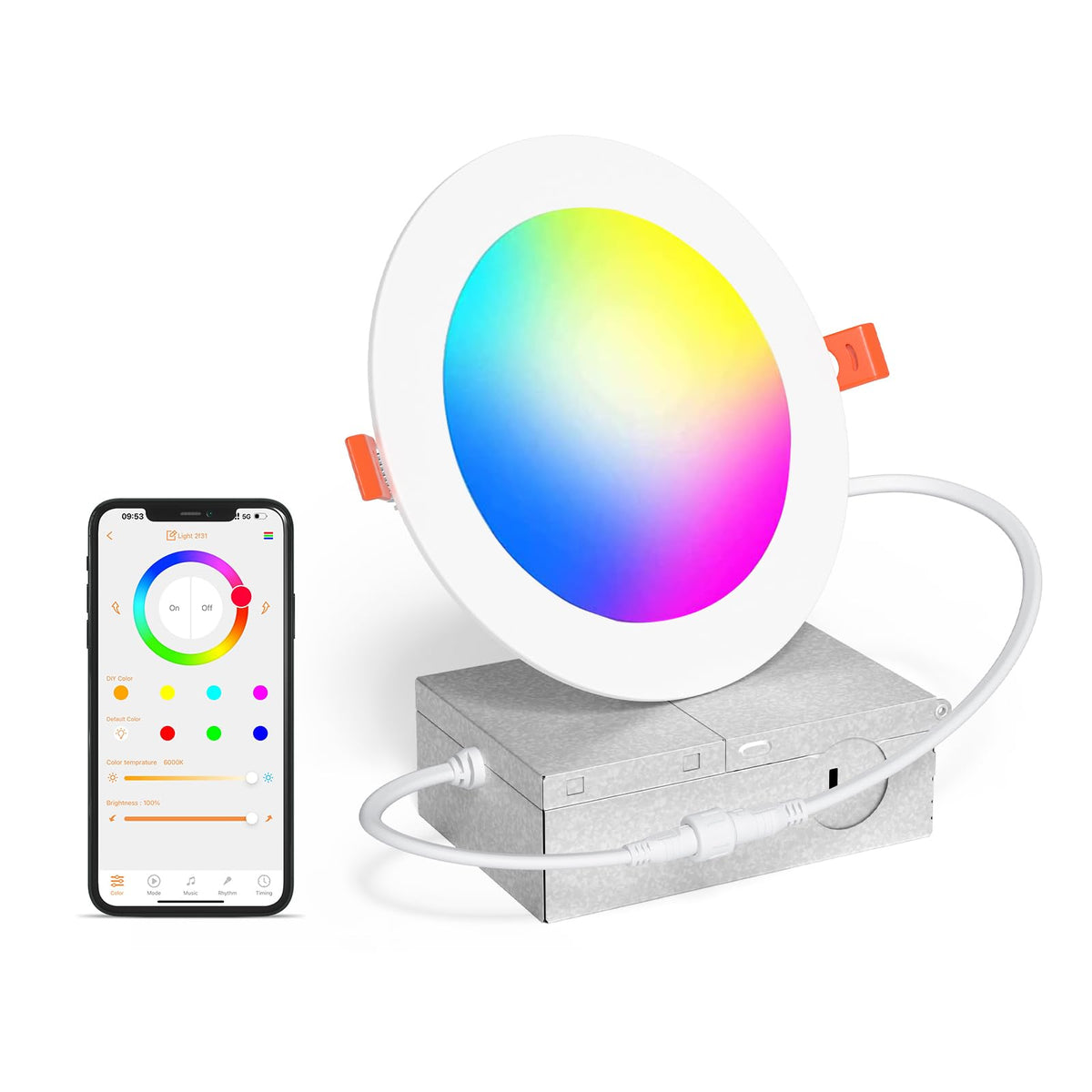 Smart Recessed Lighting 4 Inch RGBCW Color Changing 12W LED Recessed Ceiling Lights with Junction Box,1080LM Canless