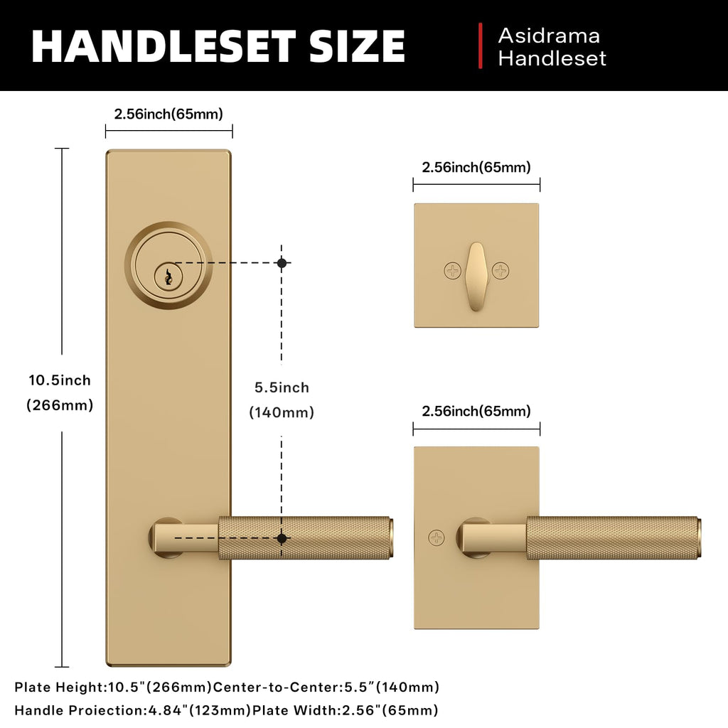 Champagne Bronze Solid Heavy-Duty Knurled Front Door Handle Set with Deadbolt, Architectural Grade Modern Entry Door