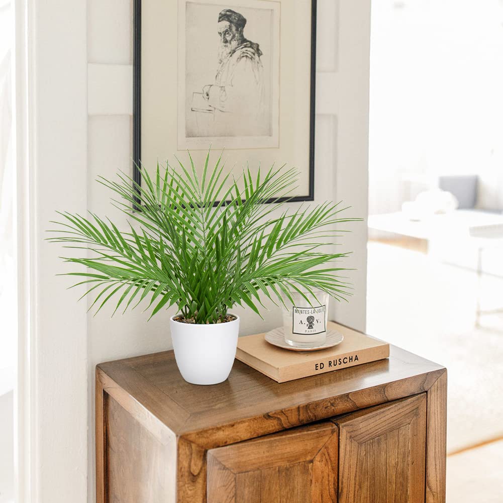 Fake Plant 15'' Artificial Palm Plant in White Pot Real Touch Faux Tropical Palm Tree Houseplant Indoor Living Room