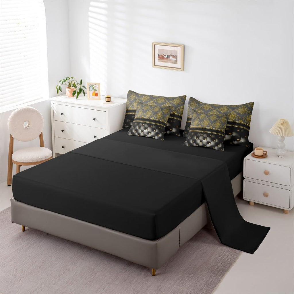 Golden Damask Comforter Set 7 Piece Bed in a Bag Twin | Luxury Black Diamond Texture Pattern Bohemian Bedding Sets