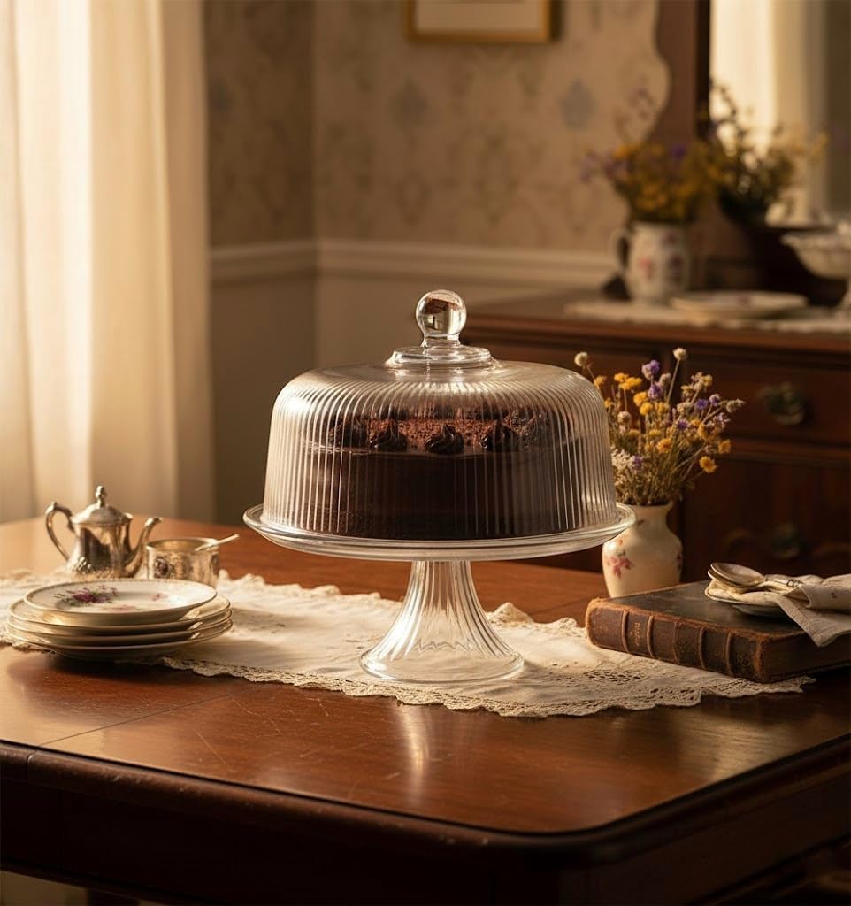 Vintage-Style Crystal Glass Cake Stand with Dome Lid - Elegant Dessert Display & Cake Holder for Cakes, Cupcakes