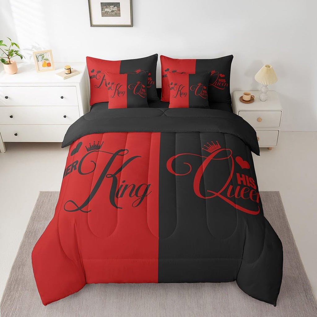 King and Queen Crown Bed in a Bag Comforter Set 7 Pieces, Her King and His Queen Bedding Set, Romantic Valentine's - Set of 7