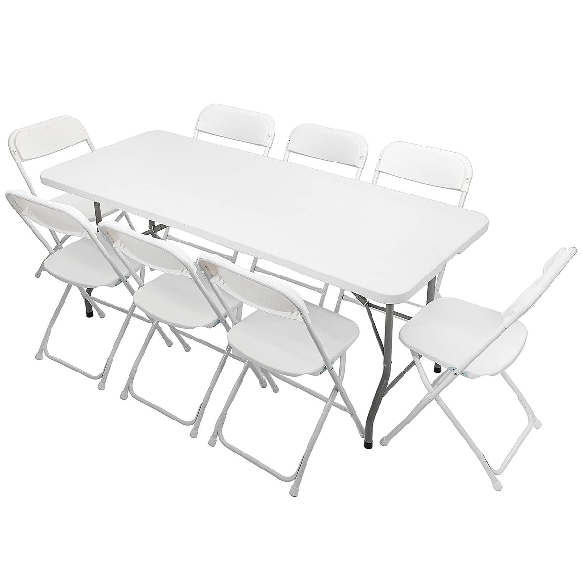 6 FT Plastic Folding Table Set with 8 White Folding Chairs for Picnic, Event, Training, Outdoor Activities, at Home