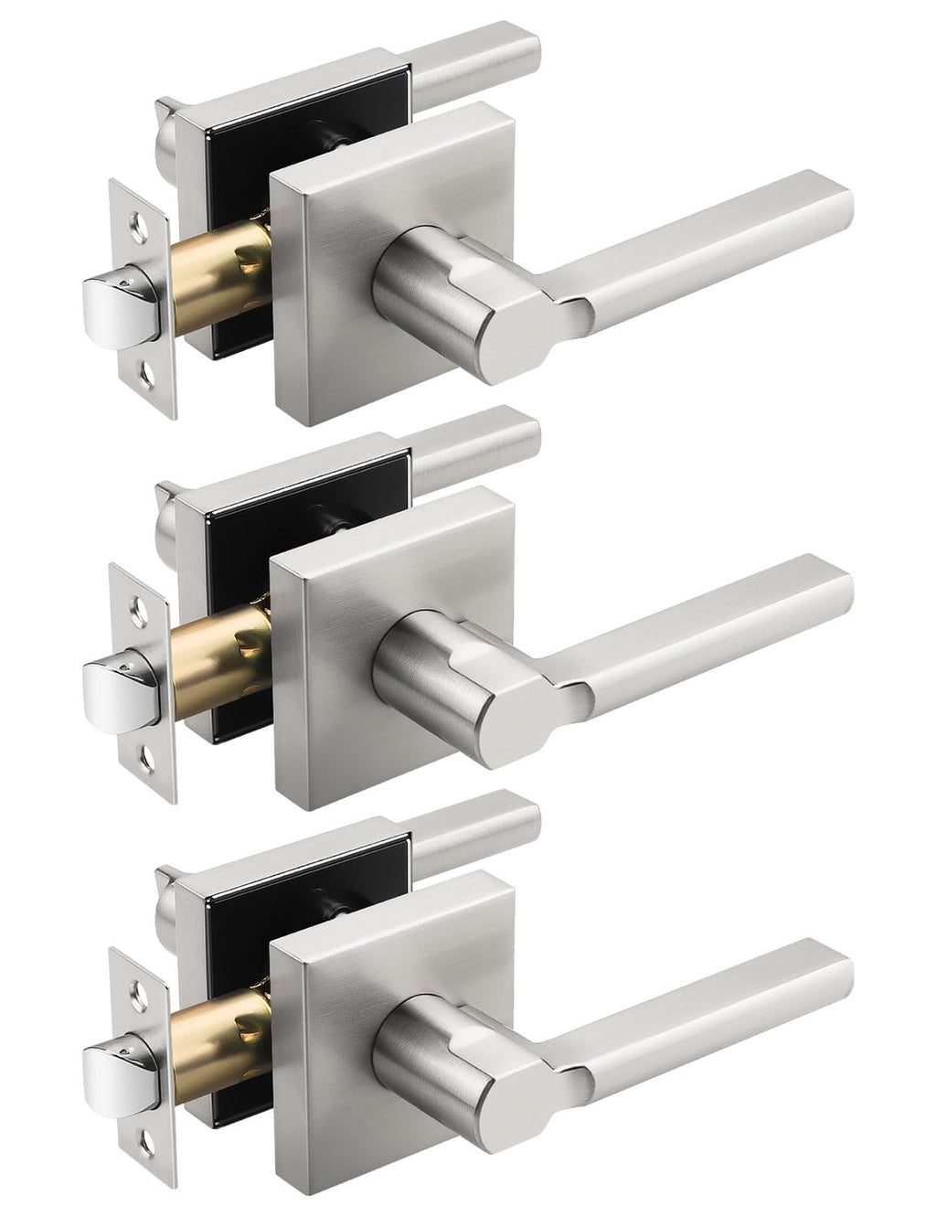 3 Pack Square Brushed Nickel Door Handles Interior, Non-Locking Interior Passage Door Lock Hallway/Closet Door Lever