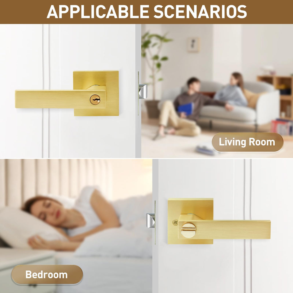Golden Polished Brass Door Lever with Lock and Keyed