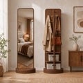 360 Rotating Floor Mirror with Rack, Walnut 2-Pieces