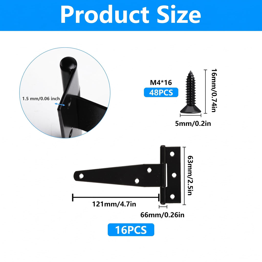 16 Pack 4 Inch T Strap Hinges Heavy Duty Black Outdoor Tee Hinge