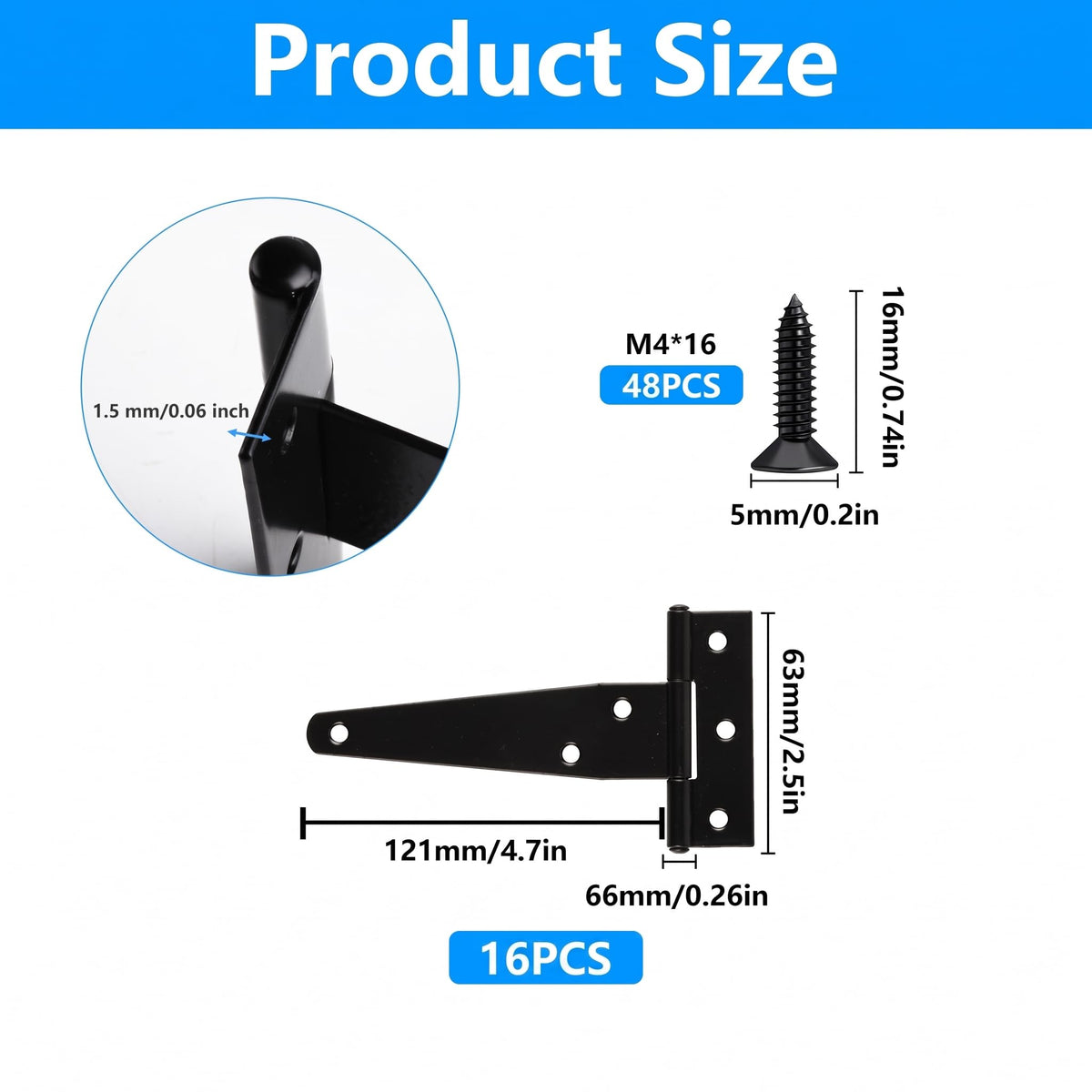 16 Pack 4 Inch T Strap Hinges Heavy Duty Black Outdoor Tee Hinge