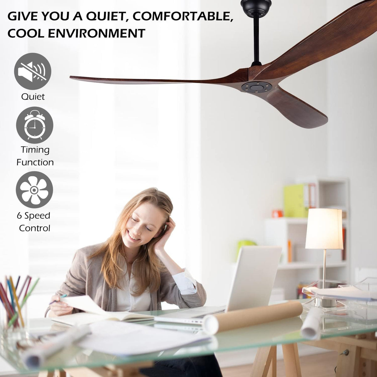 72" Wood Outdoor Ceiling Fan, No Light
