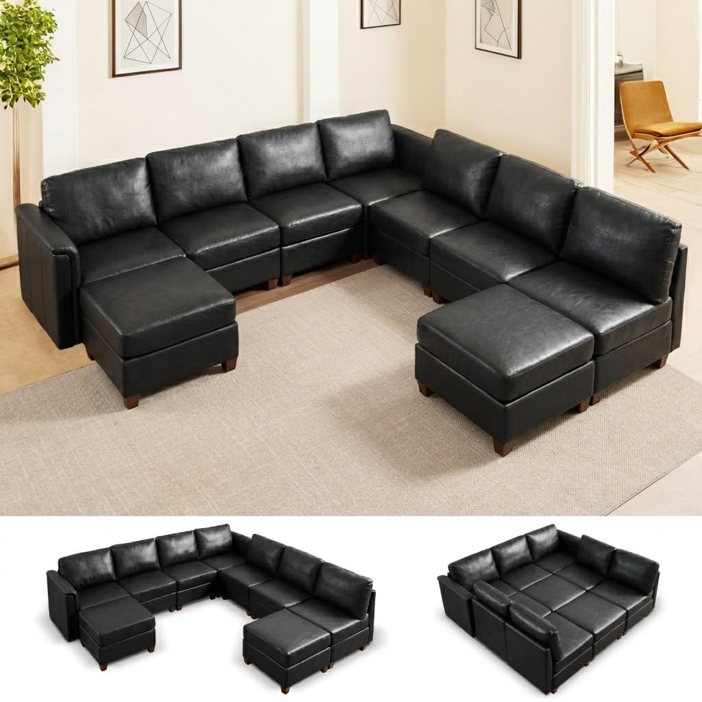115" Modern Sectional Sofa, Faux Leather Modular Sectional Couchs with Storage Waterproof Convertible U/L Shaped Wide