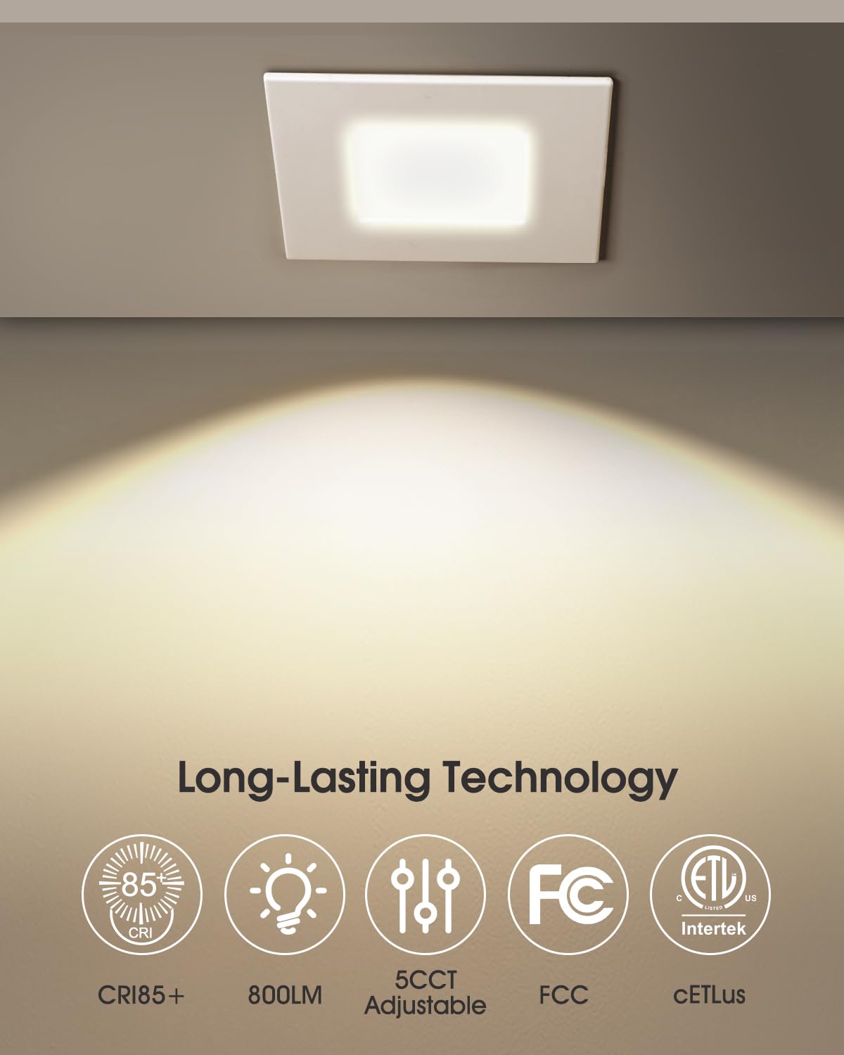 4-inch Square Recessed Lighting - Ultra Thin Dimmable Square LED Ceiling Light,5 Color Temperature