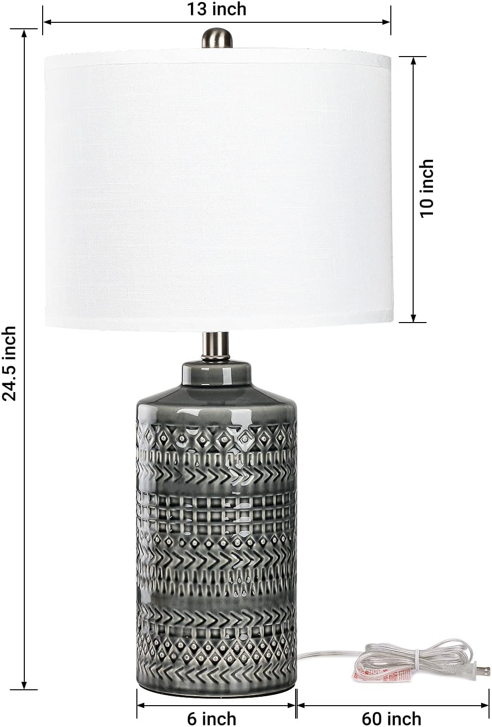 Modern Ceramic Table Lamp, 24.5" Living Room Lamps 3-Way Dimmable Gray Nightstand Lamp with White Shade|Tall Bedside
