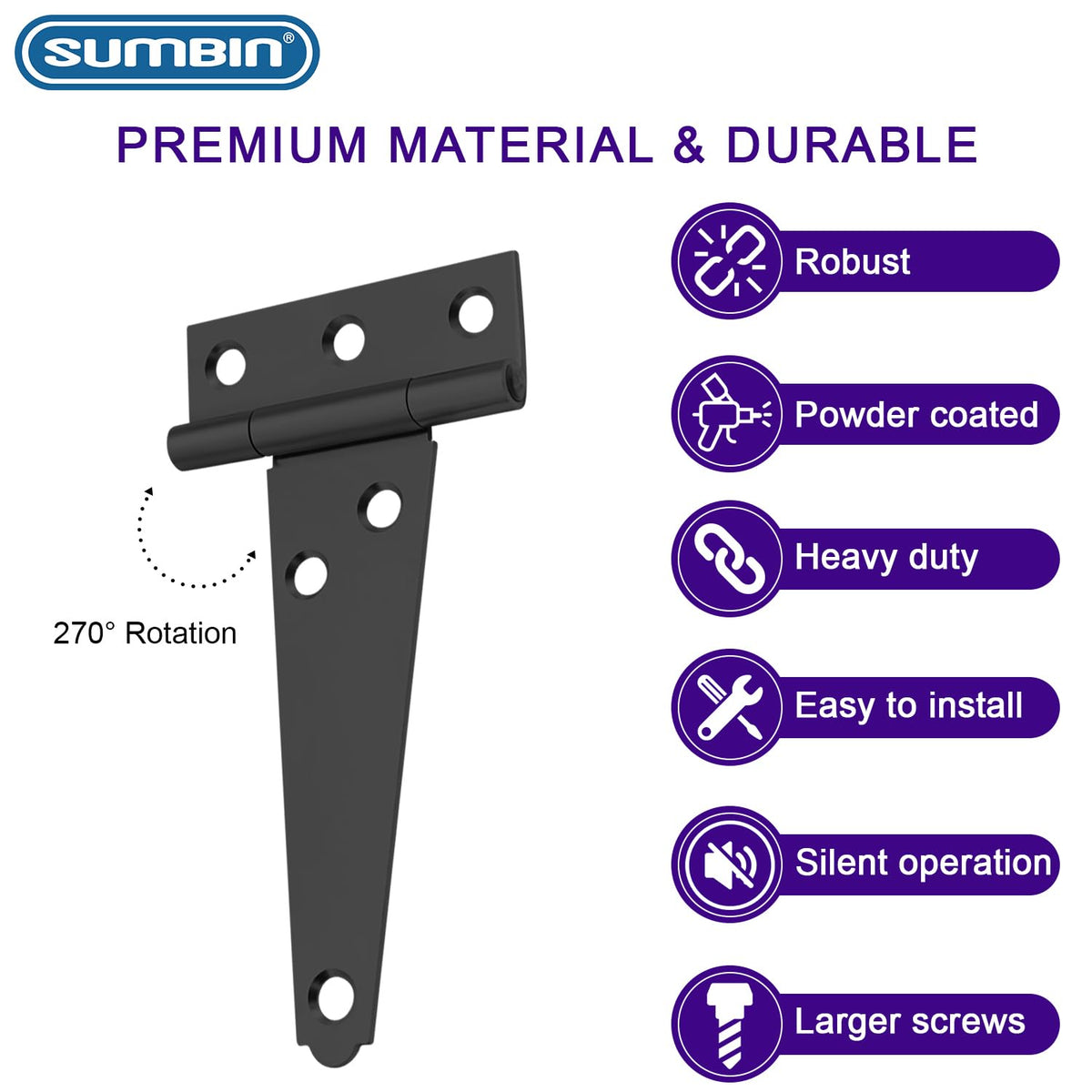 8 Inch Black T-Strap Shed Hinges, Heavy Duty Gate Strap Hinges for Barn Door, Shed or Wooden Fences (4 Pack)